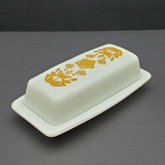 Pyrex Butterfly Gold Covered Butter Dish Gold Flower on White Lidded Butter Dish - Picture 1 of 7
